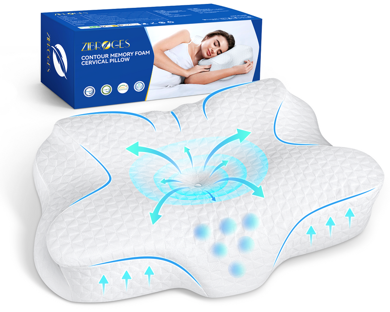 Zibroges Cervical Pillow, Memory Foam Pillow for Neck Head Shoulder Pain Relief Sleeping Supports Your Head, Ergonomic Orthopedic Contoured Cooling Neck Bed Pillow for Side, Back and Stomach Sleepers