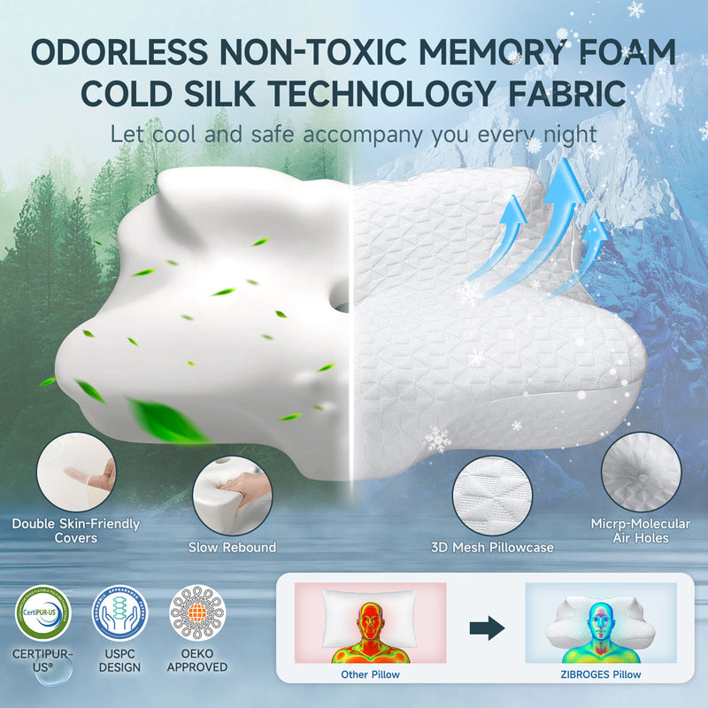 Zibroges Cervical Pillow, Memory Foam Pillow for Neck Head Shoulder Pain Relief Sleeping Supports Your Head, Ergonomic Orthopedic Contoured Cooling Neck Bed Pillow for Side, Back and Stomach Sleepers