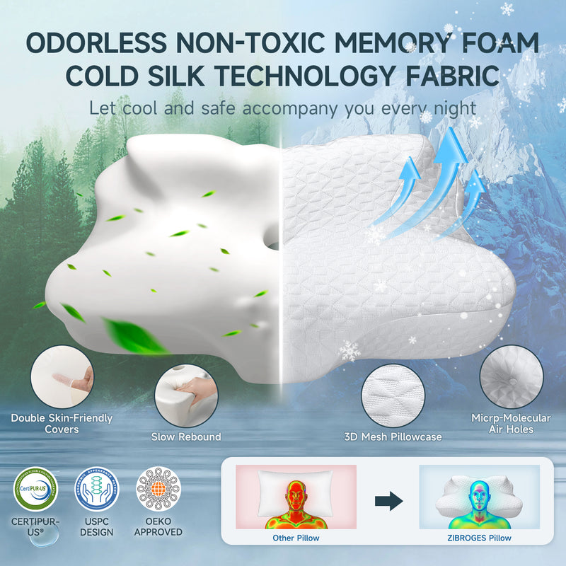 Zibroges Cervical Pillow, Memory Foam Pillow for Neck Head Shoulder Pain Relief Sleeping Supports Your Head, Ergonomic Orthopedic Contoured Cooling Neck Bed Pillow for Side, Back and Stomach Sleepers