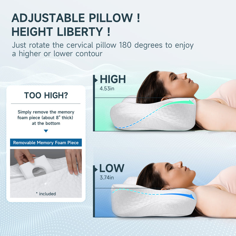 Zibroges Cervical Pillow, Memory Foam Pillow for Neck Head Shoulder Pain Relief Sleeping Supports Your Head, Ergonomic Orthopedic Contoured Cooling Neck Bed Pillow for Side, Back and Stomach Sleepers