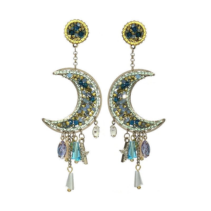 Crystal Moon Tassel Earrings COMOSO Blue 