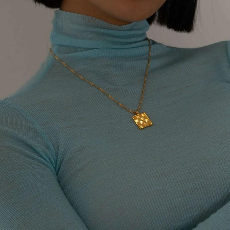 Vintage Square Checkerboard Necklace HEYCUZI 