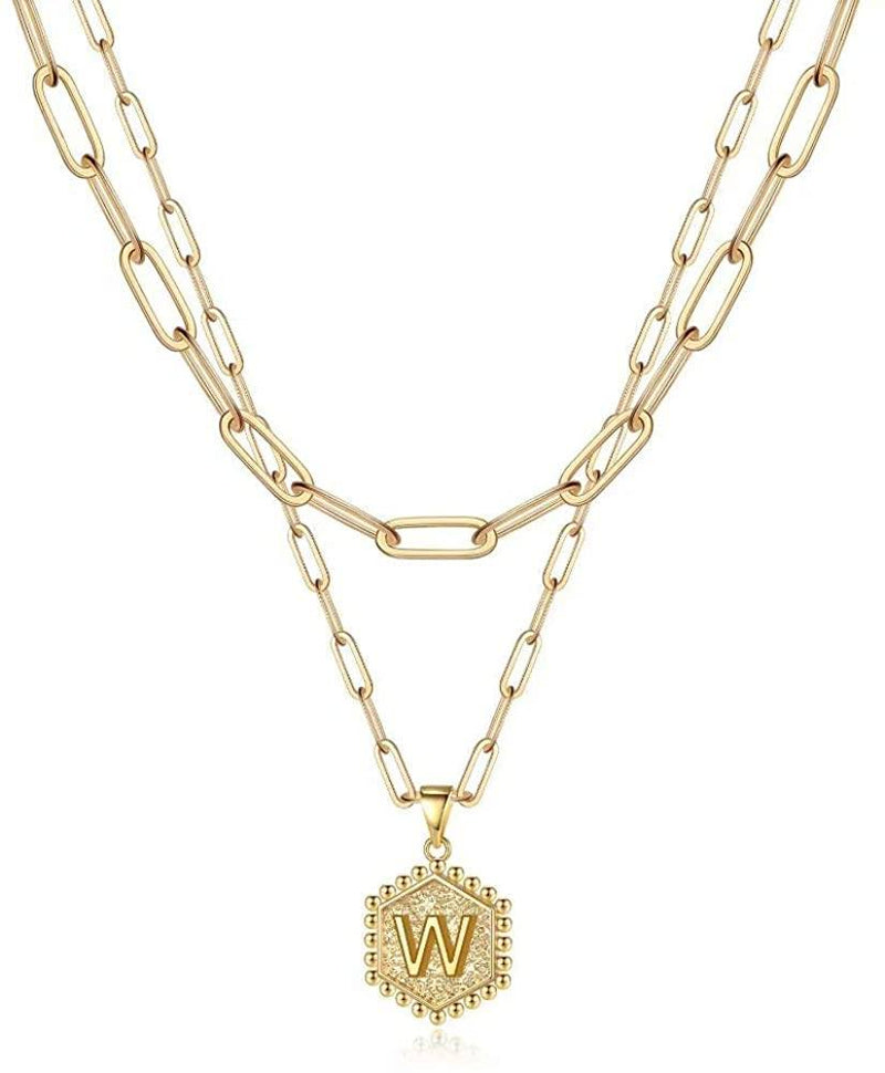 Simple Cute Hexagon Layered Initial Letter Pendant Choker Necklace COMOSO W 