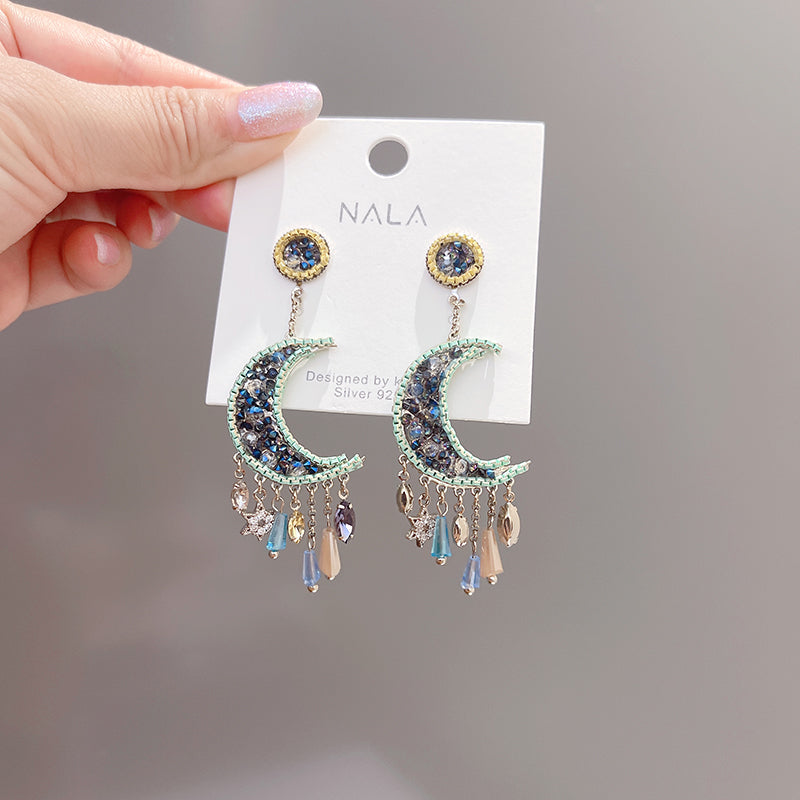 Crystal Moon Tassel Earrings COMOSO 