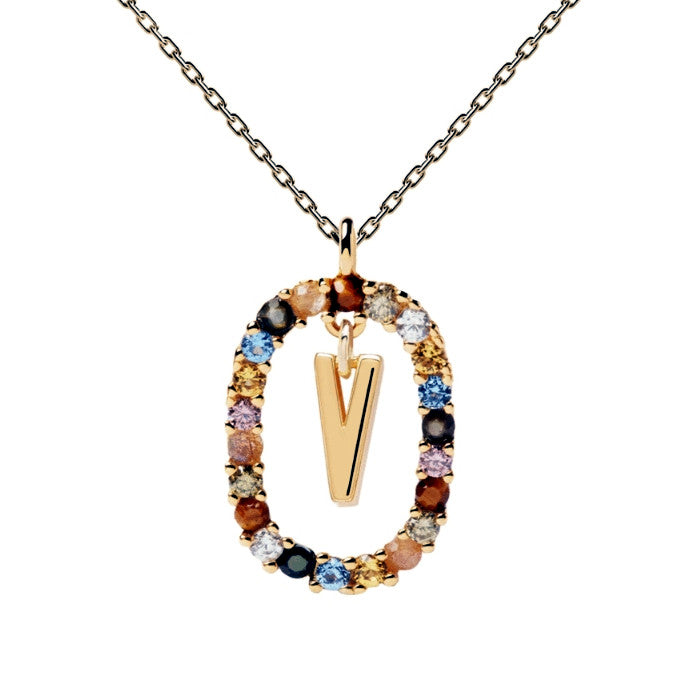 Colorful Gemstone Letter Necklaces Heycuzi V Gold 